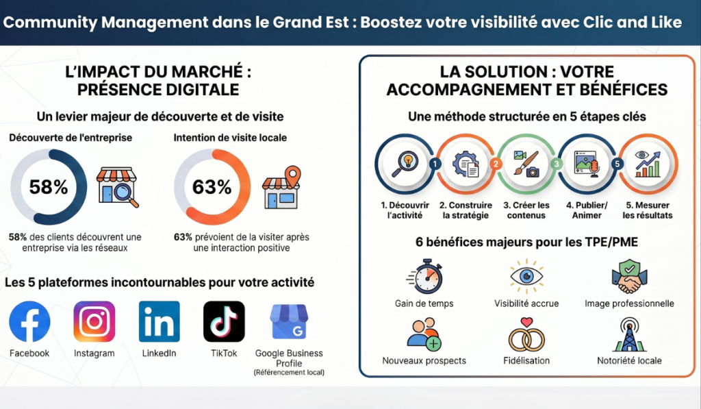 Infographie sur le community management dans le Grand Est présentant l'impact des réseaux sociaux sur la visibilité des entreprises, les plateformes incontournables (Facebook, Instagram, LinkedIn, TikTok et Google Business Profile) ainsi qu'une méthode d'accompagnement en cinq étapes et ses bénéfices pour les TPE et PME.