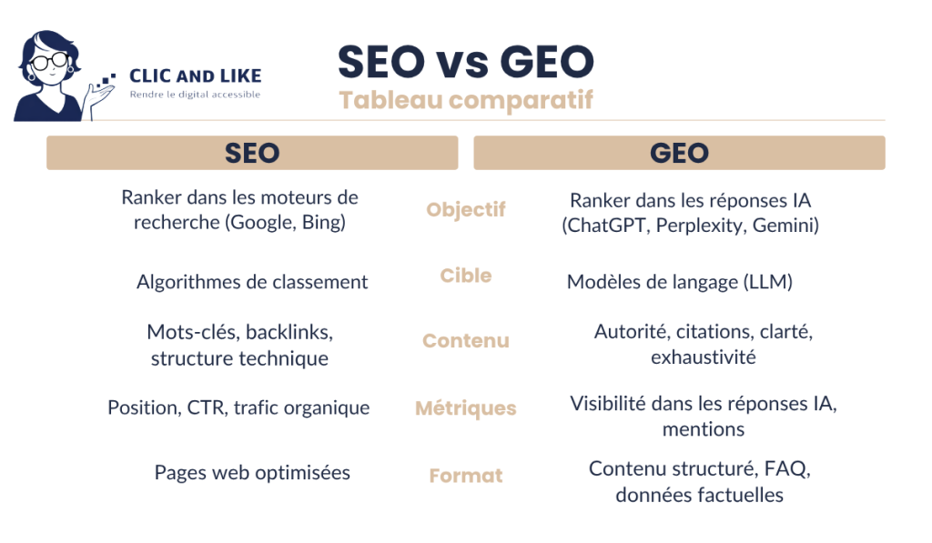 Schéma illustrant la différence entre l'indexation Google (SEO) et la citation par les IA génératives (GEO) pour un entrepreneur