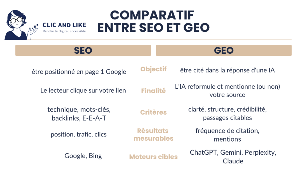 Tableau présentant les caractéristiques du SEO et du GEO