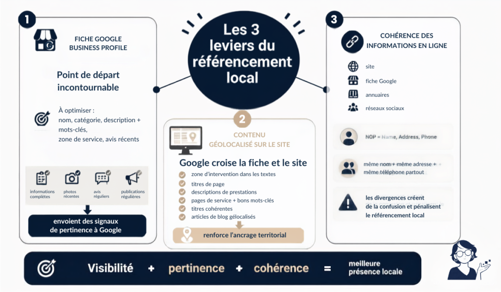 Schéma illustrant les 3 piliers du référencement local par Virginie Caurraze de Clic and Like